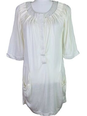 Monoreno Embroidered Ivory Tunic Top/Mini Shift Dress with Pockets Sz Medium